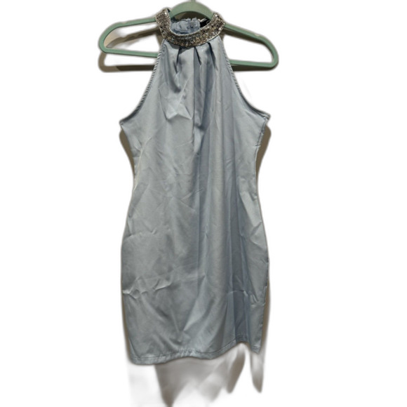 CBR Dress Satin Sequin Summer Party Light Blue Silver Sleeveless Women sz Medium - Picture 1 of 8